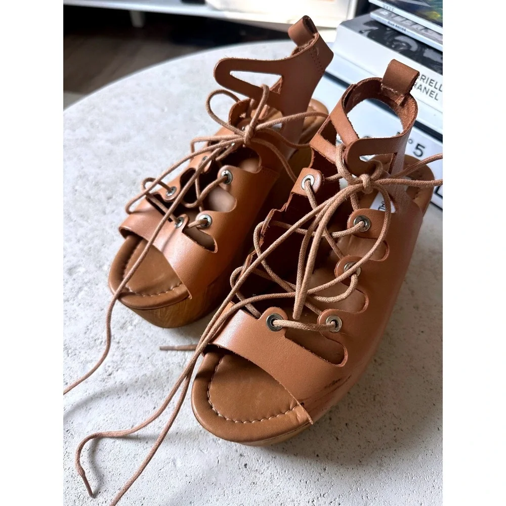 Steve Madden Tan Leather Lace Up Buxton Platform Wedge Sandals Wood Boho Heel 37